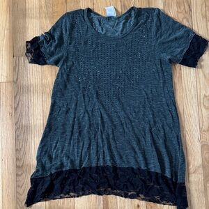 Vocal USA Charcoal Gray black Short Sleeve Top tunic Lace studded bling large